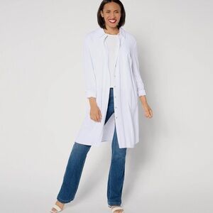 NEW Susan Graver PURE Linen Blend Button Front Duster-White-Petite Large-A644497